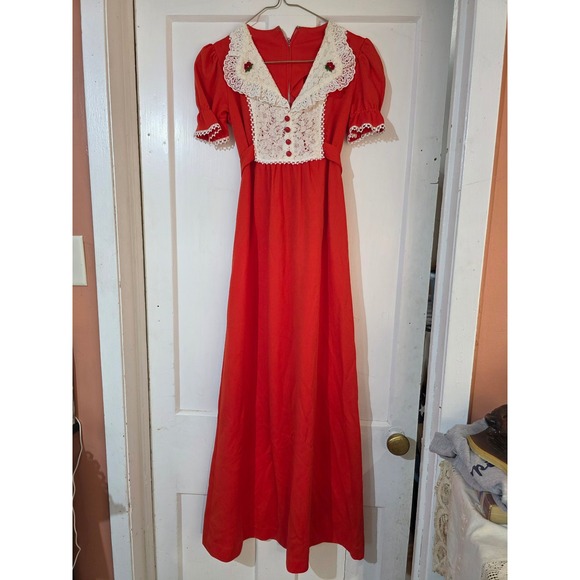 Vintage 70s Red Maxi Dress Lace Collar Floral Applique Cottagecore Gown READ - Picture 1 of 13